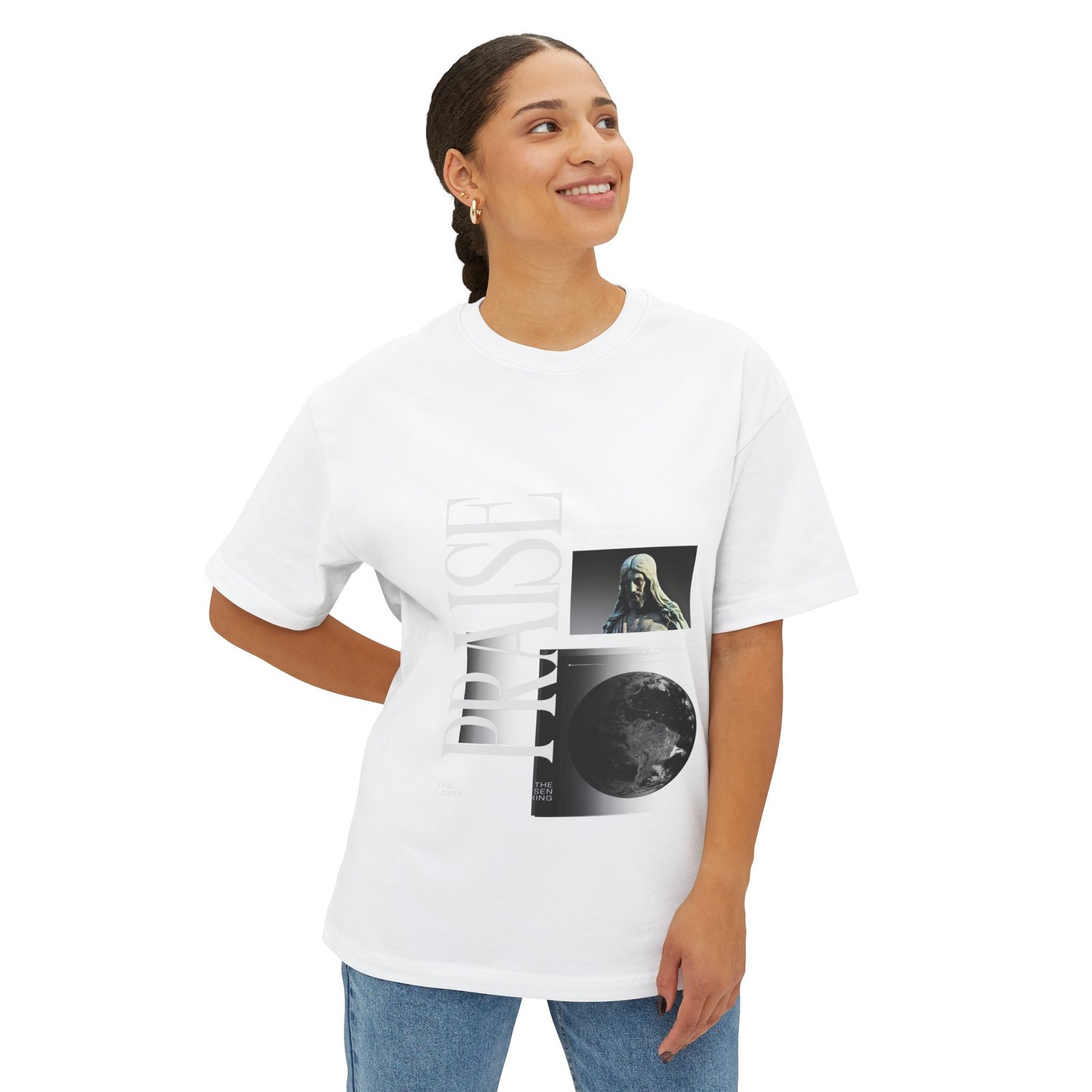 PRAY?S! Minimalist Graphic Tee — Spiritual Moon & Portrait Art Shirt - Image 3