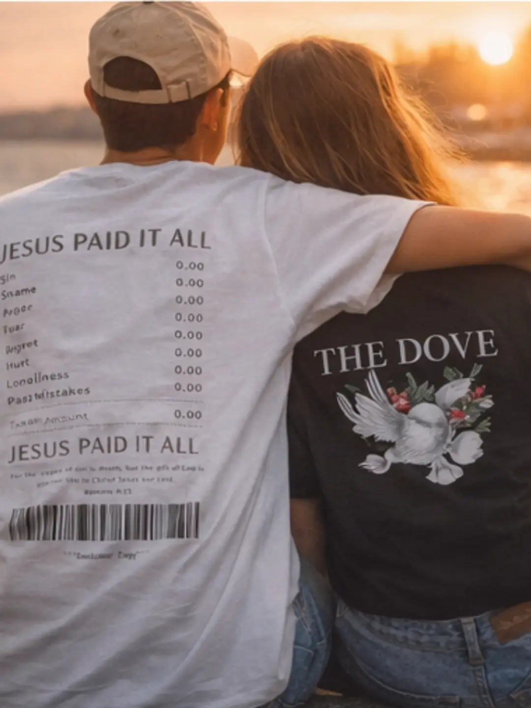 Young adults wearing Christian graphic T-shirts featuring “Praise,” “The Dove,” and “Jesus Paid It All” designs in warm outdoor settings